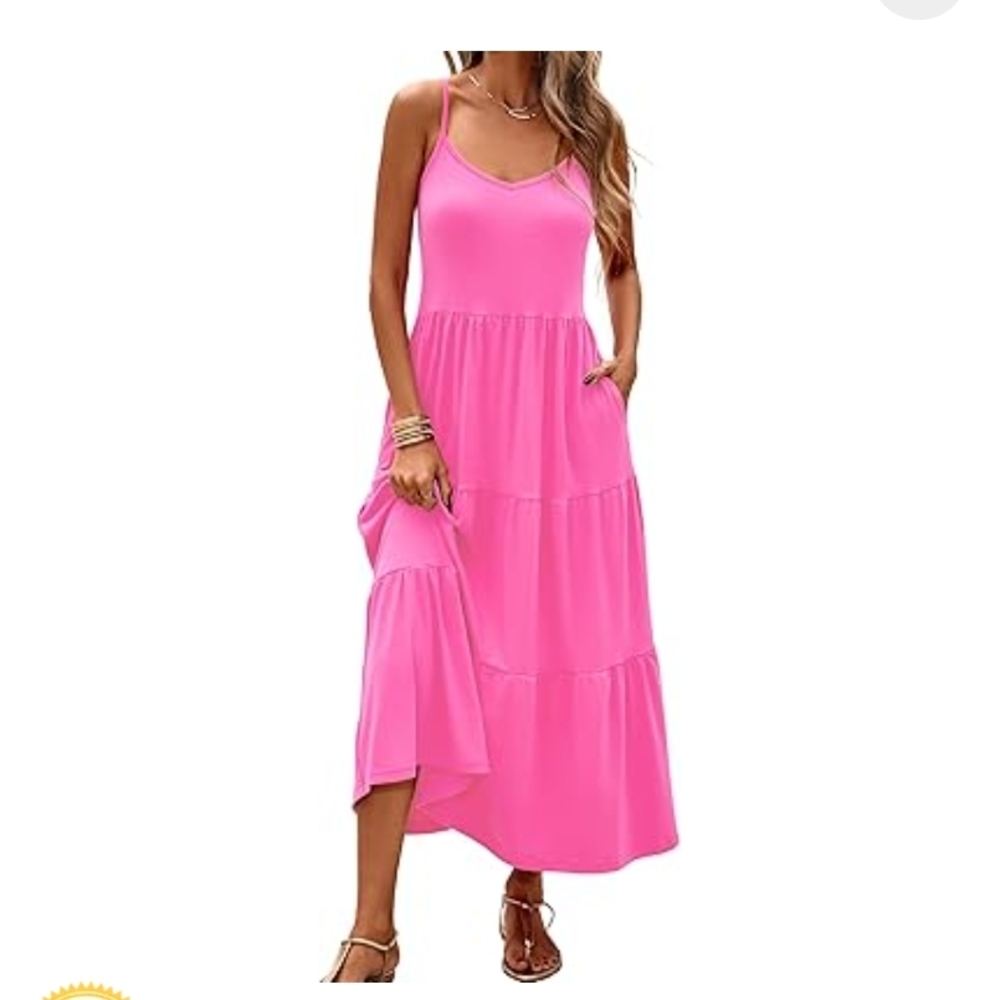 Casual Pink Tiered Maxi Dress with V-Neck